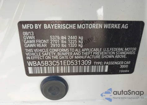 2014 BMW 535I xDrive from USA, damaged, VIN WBA5B3C51ED531309